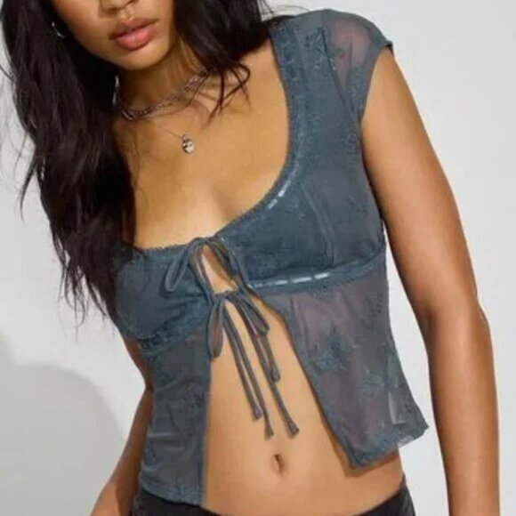 NWT Muted Teal Blue Tie Front Sheer Embroidered Detail Top - Picture 1 of 4
